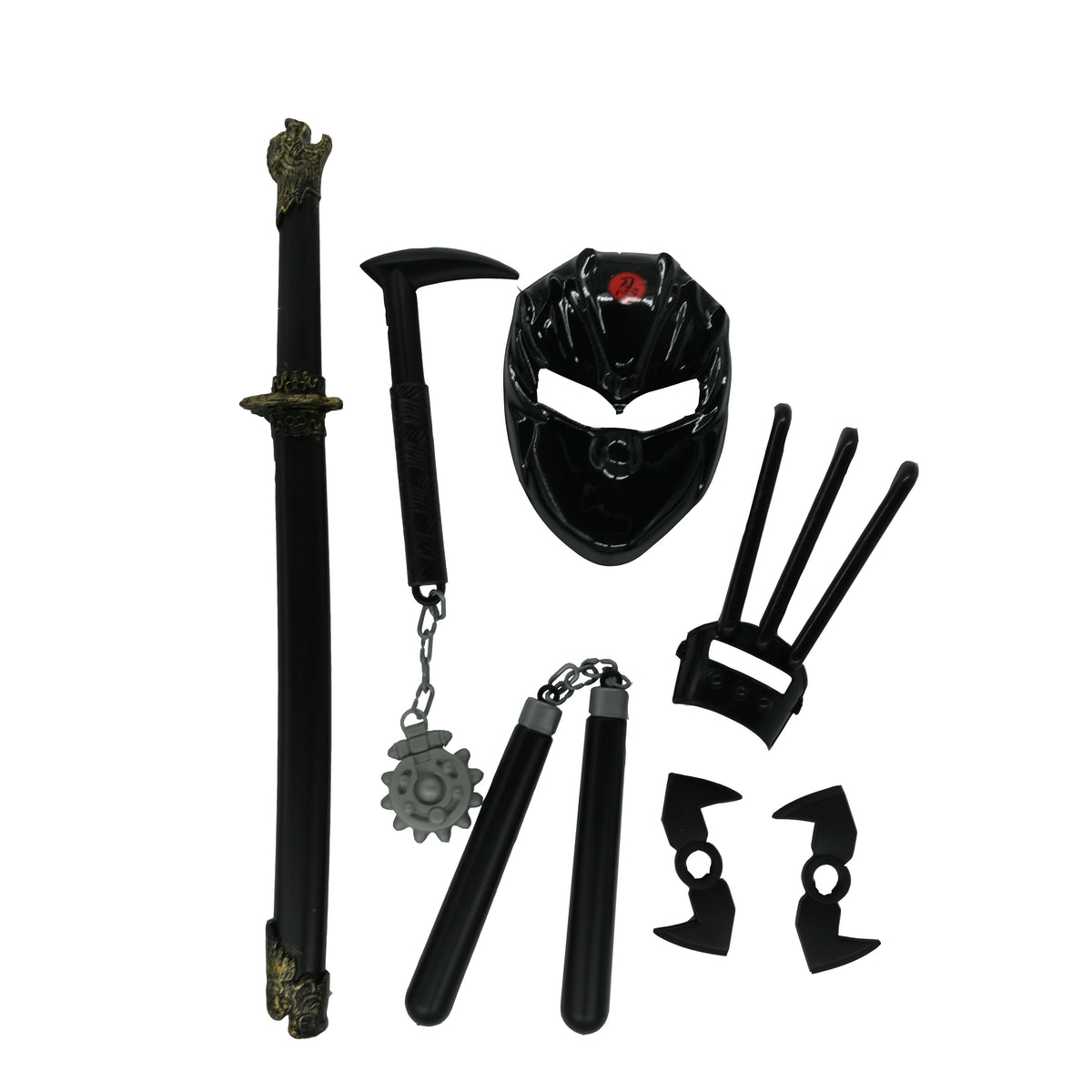 Halloween Ninja Plastic Weapons Toy Set Samurai Sword with Axe Nunchaku Mask Darts for Cospaly Kids